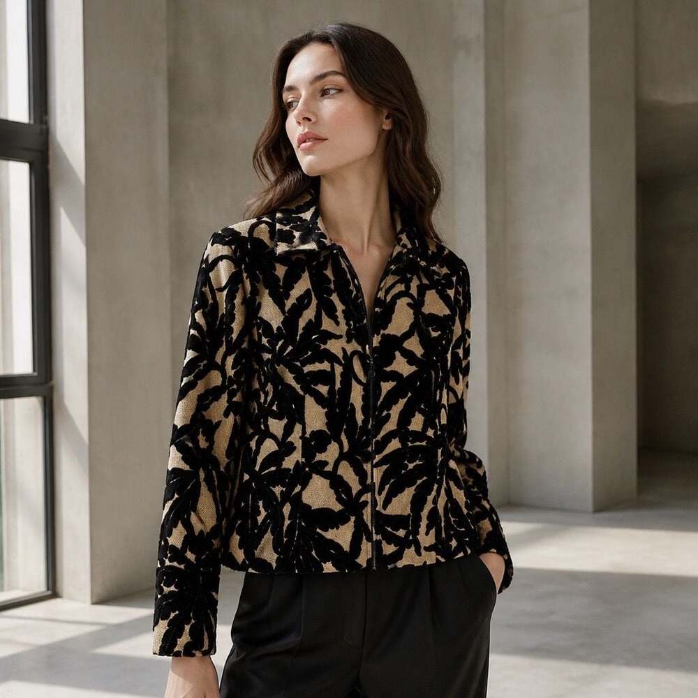 Giancarlo Ferrari Black and Gold Floral Patterned Zip-Front Jacket